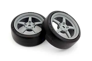 Kyosho 1.9" FZ02 Drift Tyres on 5 Spoke Grey Rims - Glued Wheels 2Pcs