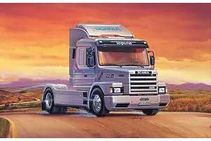 Painted box art illustration of a silver Scania T143 M500 Top Line truck driving on a dusty road at sunset.