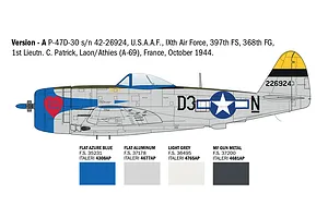 Illustration showing a P-47D Thunderbolt fighter aircraft color scheme, markings, and paint color callouts for version A.