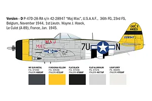 Painting guide and color swatches for Version D P-47D Thunderbolt model kit, showing side profile and paint codes.