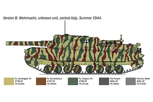 Colour profile illustration for Version B of the Italeri Semovente M43 Bassotto tank kit, showing camouflage and paint colour callouts.