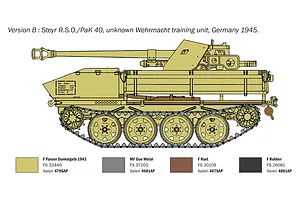 A technical painting and decal diagram for the Italeri 1/35 Steyr RSO with Pak 40 military model kit, showing side profile and color swatches.