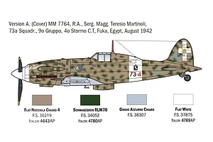 Colour profile diagram of an Italeri 1/72 MC.202 Folgore fighter plane with camouflage scheme and paint colour callouts.