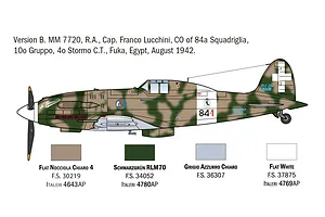 Colour profile diagram for Italeri MC.202 Folgore fighter showing camouflage scheme and paint color callouts.