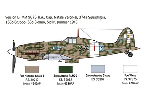 Color profile diagram showing camouflage and paint guide for Version D of the Italeri MC.202 Folgore fighter model kit.