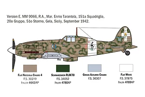 Colour profile diagram of Version E MC.202 Folgore fighter plane with camouflage scheme and paint colour callouts.