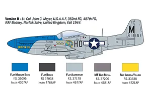Diagram showing Version B paint and decal scheme for Italeri 1/72 P-51D Mustang model kit with colour swatches.