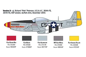 Profile diagram of a P-51D Mustang fighter plane in Version D livery with paint swatches and color codes.