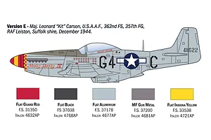Colour profile diagram of P-51D Mustang fighter aircraft Version E with paint swatches for Italeri model kit.