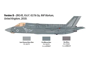 Profile illustration of an F-35B fighter jet in Version B RAF livery, accompanied by recommended paint color swatches.