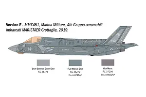 Colour scheme diagram for Italeri F-35B Lightning II showing Version F of the Marina Militare with paint swatches.