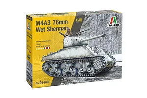 Italeri 1/35 scale M4A3 76mm Wet Sherman military tank model kit packaging box showing finished model artwork in a snowy woodland setting.