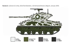 Illustration showing a profile view of a Sherman tank in winter camouflage with paint swatches below.