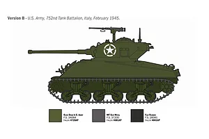 Illustration showing a side profile of a green Sherman M4A3 tank labeled Version B U.S. Army 752nd Tank Battalion with paint swatches below.