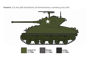 Profile illustration showing Version D of the Sherman M4A3 tank with colour and paint callouts for the model kit.