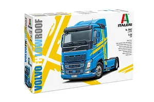 Packaging box for Italeri 1/24 Volvo FH Low Roof truck model kit showing an image of the blue truck against a white and yellow background.