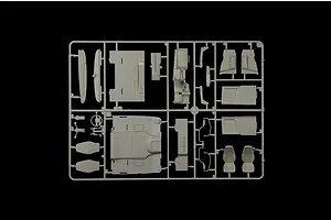 Grey plastic model kit sprue featuring various interior and exterior truck parts against a black background.