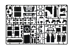 Black plastic model kit parts sprue featuring various truck components like grilles, panels, and engine parts on a white background.