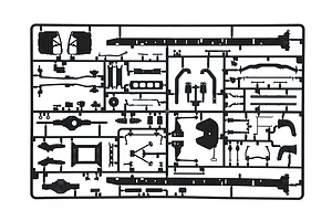 Black plastic model kit sprue featuring chassis rails, suspension components, and truck parts against a white background.
