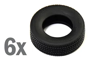 Single black rubber model truck tire with textured tread pattern and sidewall markings next to a 6x quantity graphic.