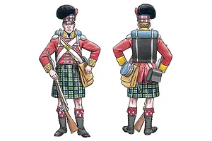 Illustration showing front and rear views of a historical Highlander infantry soldier in full uniform, holding a rifle and wearing a kilt.