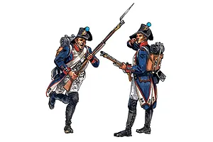 Illustrated artwork of two Napoleonic Wars French infantry soldiers in uniform with muskets against a white background.