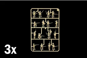 Plastic model kit sprue containing unpainted 1/72 scale Napoleonic Wars French infantry figures against a black background with a 3x multiplier symbol.