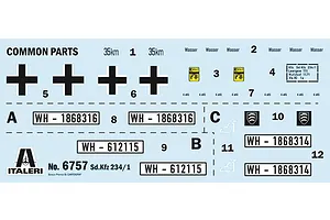 Water slide decal sheet for Italeri 1/35 Sd.Kfz. 234/1 armoured vehicle model kit featuring national insignia, license plates, and tactical markings.
