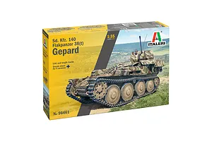 Italeri 1/35 scale Sd. Kfz. 140 Flakpanzer 38 Gepard plastic model kit box showing artwork of the tank.