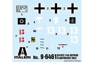 Water slide decal sheet for the Italeri 1/35 Sd. Kfz. 140 Flakpanzer 38 Gepard model kit, showing numbers, crosses, and insignia.