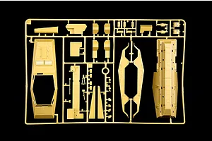 Tan plastic model kit sprue containing vehicle hull and interior parts for the Italeri Sd.Kfz. 234/1 kit.