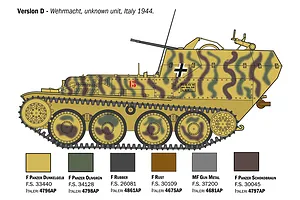 Colour profile diagram for Version D of the Flakpanzer 38, showing camouflage pattern and paint reference guide.