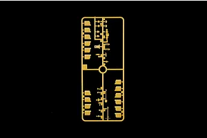 Tan plastic model kit sprue containing jerry cans and vehicle accessory parts on a black background