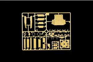 Tan plastic model kit sprue containing various armour and vehicle parts on a black background.