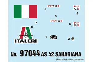 Decal sheet for Italeri 1/72 AS 42 Sahariana Armoured Vehicle showing Italian flags, numbers, and logos.