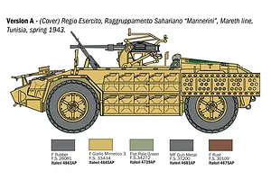 Colour diagram illustration of the Italeri AS 42 Sahariana armoured vehicle in Version A markings with paint reference swatches.