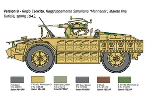 Colour scheme and decal placement guide for Version B of the Italeri AS 42 Sahariana military vehicle model.