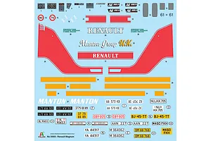 Water slide decal sheet for Italeri 1/24 Renault AE500 Magnum model truck, featuring various logos and license plates.