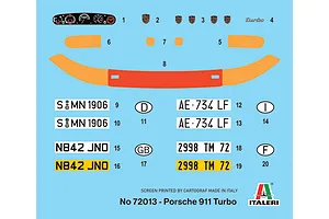 Model car decal sheet for Italeri 1/24 Porsche 911 Turbo featuring gauges, badges, license plates, and stripes.