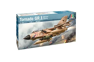 Italeri 1/32 Tornado GR.1 Desert Storm model kit box showing artwork of the fighter jet in flight over a desert conflict scene.