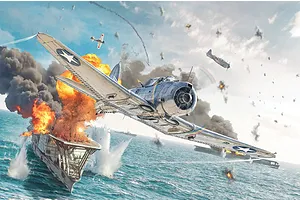 Dynamic box art illustration of a USN SBD-3 Dauntless dive bomber in aerial combat over an aircraft carrier explosion.
