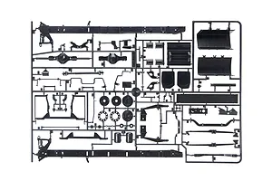 Black plastic model kit sprue containing various truck chassis parts, axles, and components against a white background.