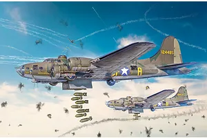 Painted box art illustration of two B-17F Flying Fortress bombers dropping bombs in flight amidst flak explosions against a blue sky.