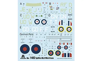 Italeri 1482 1/72 Spitfire Mk.V and Mk.IX Aces model kit super decal sheet featuring letters, roundels, and insignia.