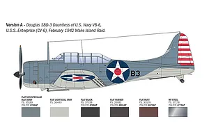 Diagram showing color scheme and markings for version A of the Italeri USN SBD-3 Dauntless model aircraft.