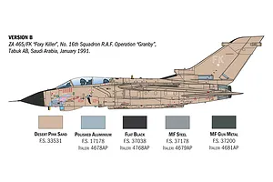 Profile diagram of Tornado GR.1 jet showing Version B paint scheme with colour swatches and paint codes.