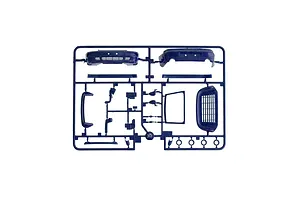 A dark blue plastic model sprue featuring various car parts on a plain white background.