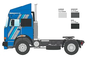 Profile illustration of an IVECO semi truck model in blue with grey and turquoise side stripes, accompanied by recommended paint color swatches.