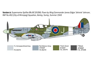 Colour scheme diagram for a Supermarine Spitfire Mk.IXC fighter plane in profile, detailing camouflage patterns and paint color references.