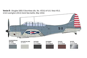 Illustration of a Douglas SBD-3 Dauntless aircraft side profile in U.S. Navy livery with paint color swatches below.